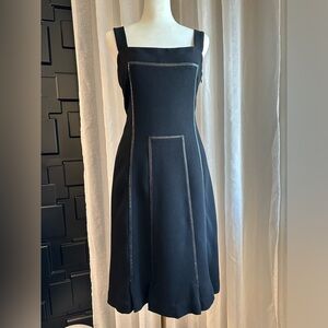 MaxMara black midi dress with leather trim 8 square neckline lbd